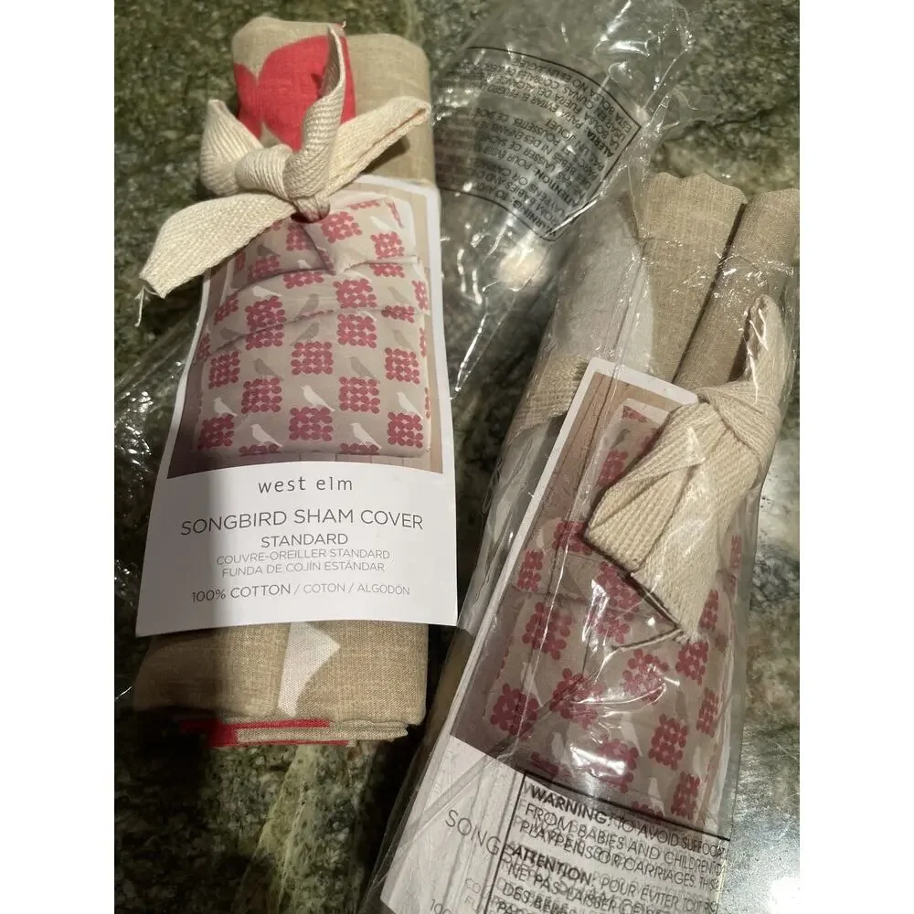 2 NEW Standard Pillow Shams by WEST ELM - Songbird Rare Bird Pattern Beige/Red
